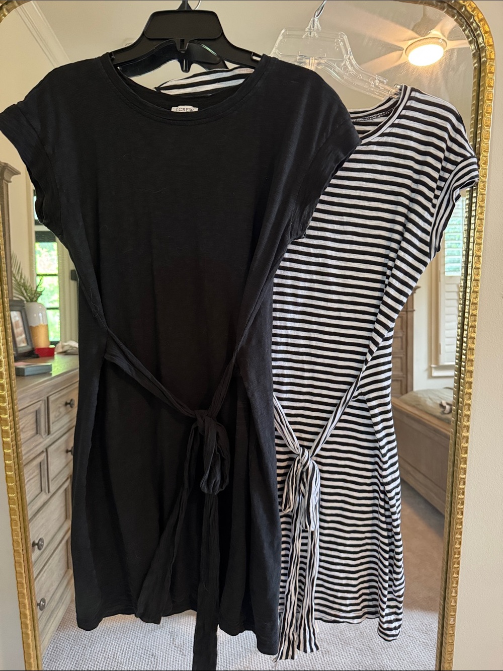 2 J. Crew Tie-Front Tunic Dress in Black and Black/White Stripe